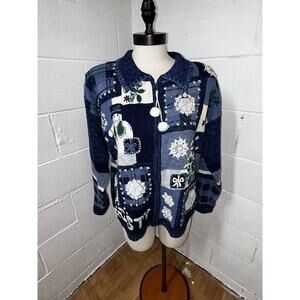 Tiara International Ugly Christmas Cardigan Sweater Blue Full Zip Snowman Med A1